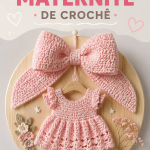 Un modèle de porta de maternidade en crochet couleur pastel, posé sur une surface en bois.