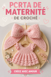 Un modèle de porta de maternidade en crochet couleur pastel, posé sur une surface en bois.