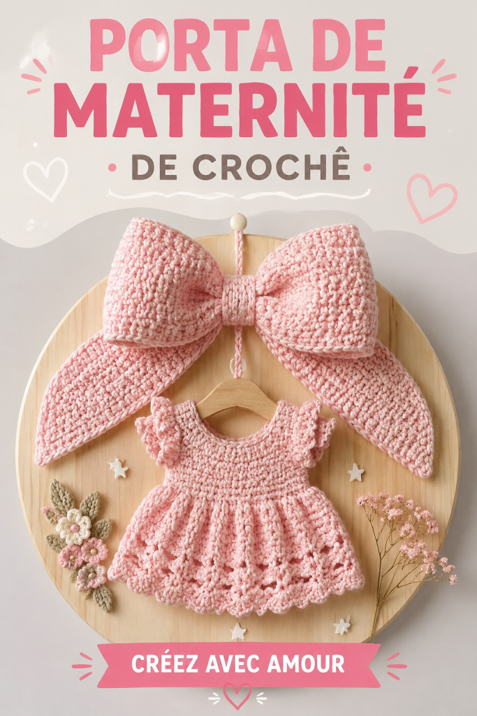 Un modèle de porta de maternidade en crochet couleur pastel, posé sur une surface en bois.