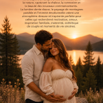 Portrait romantique d'un couple au coucher de soleil, capturant l'amour et la maternité.