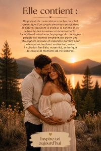 Portrait romantique d'un couple au coucher de soleil, capturant l'amour et la maternité.
