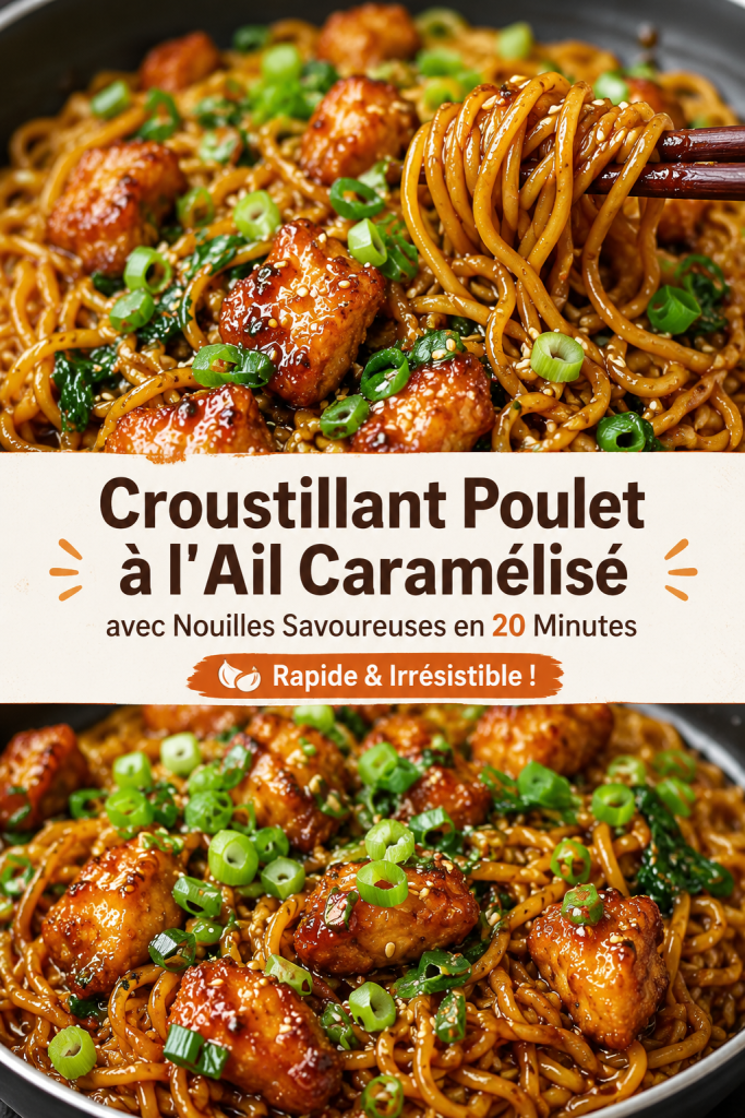 Poulet caramélisé à l'ail sur un lit de nouilles savoureuses