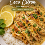 Poulet coco citron servi avec du riz et des herbes fraîches