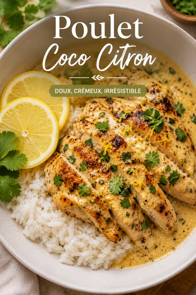 Poulet coco citron servi avec du riz et des herbes fraîches