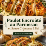 Un plat de poulet encroûté au parmesan, garni d'une sauce crémeuse à l'ail, prêt à être servi.