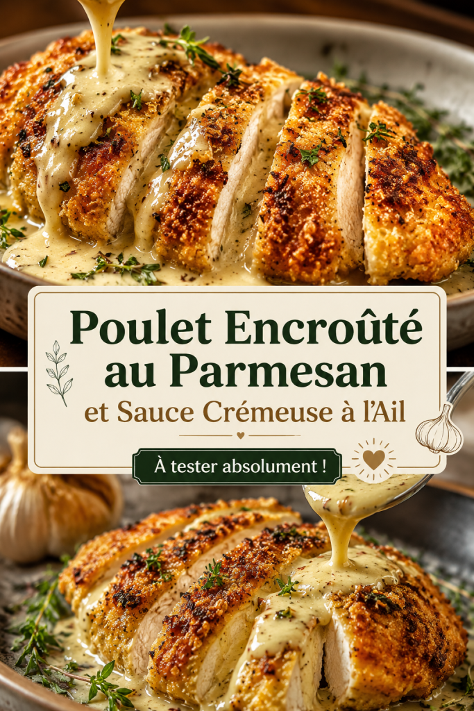 Un plat de poulet encroûté au parmesan, garni d'une sauce crémeuse à l'ail, prêt à être servi.