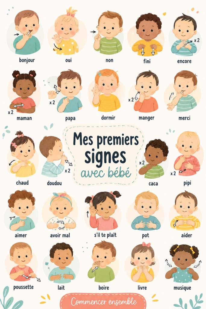 Un bébé souriant et levant ses mains, illustrant les premiers signes de communication.