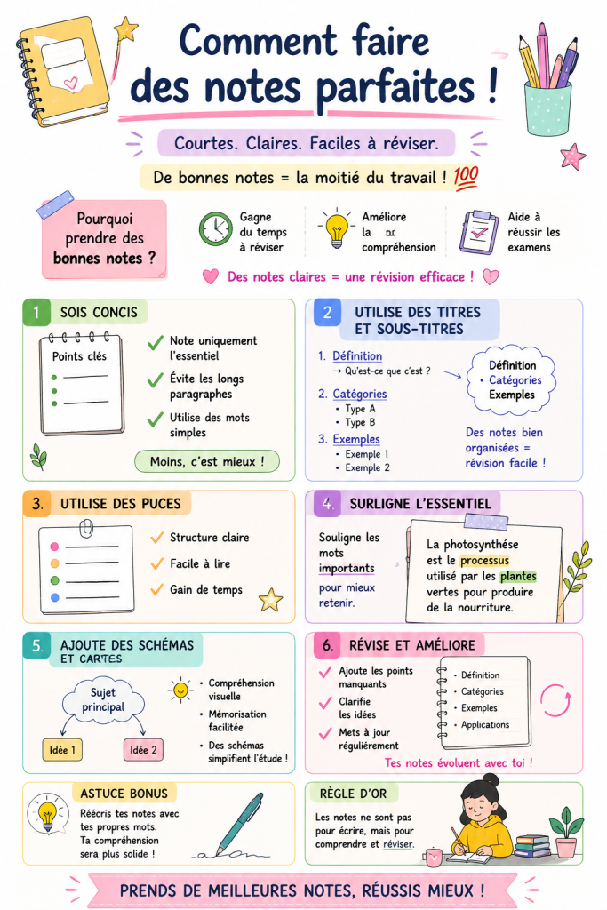 Un carnet ouvert avec des notes bien structurées et colorées, représentant une méthode efficace de prise de notes.