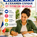 Un étudiant en train de réviser pour l'examen civique avec des livres et un ordinateur.