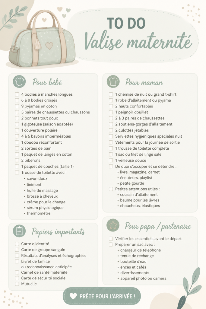 Valise de maternité soigneusement préparée avec les essentiels pour maman et bébé.