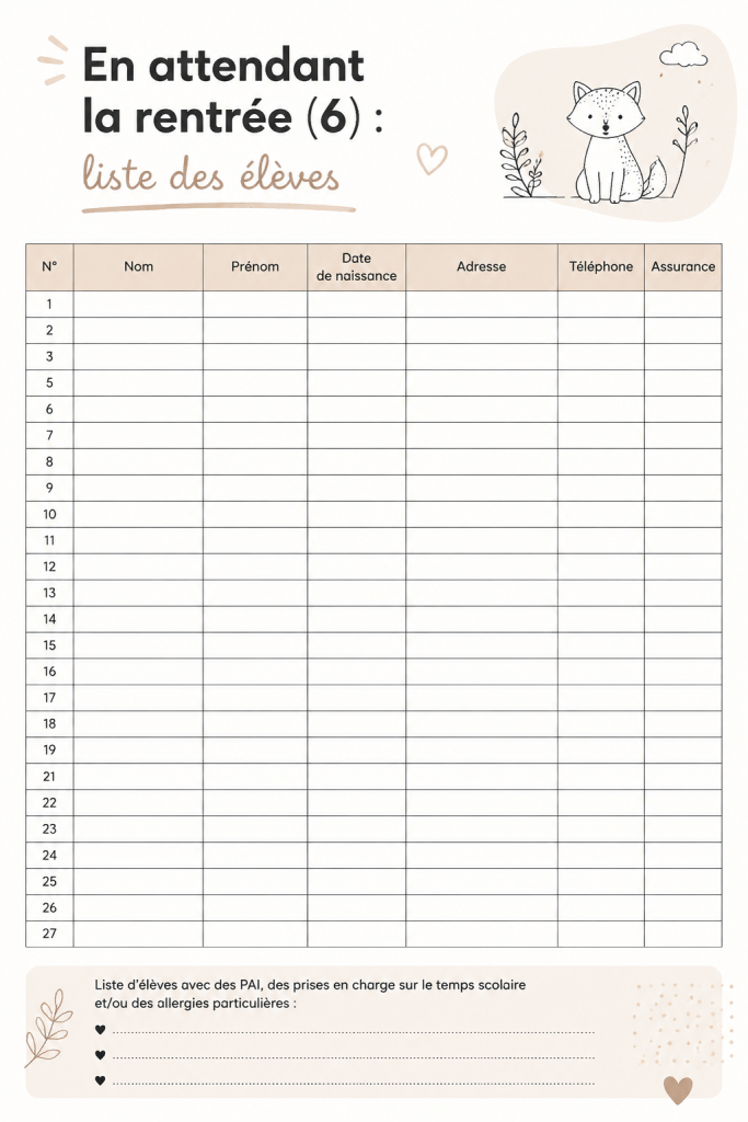 Image montrant une liste d'élèves bien organisée sur un bureau avec des fournitures scolaires.