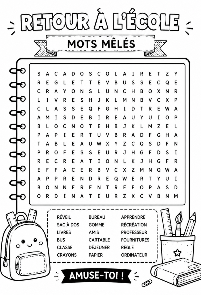 Puzzles de mots à imprimer pour les enfants lors de la rentrée scolaire.