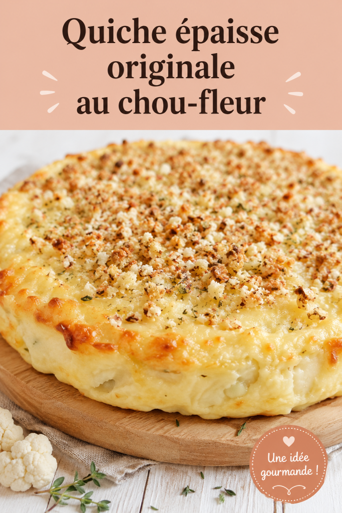 Quiche épaisse au chou-fleur sur une table en bois, bien dorée et garnie de fromage