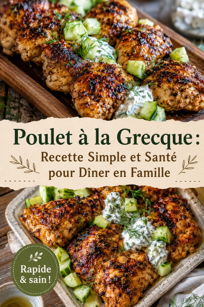 Recette de poulet à la grecque servie avec des légumes frais.