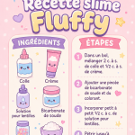 Photo d'un slime fluffy coloré, doux et aéré, en pot avec des ingrédients à proximité.