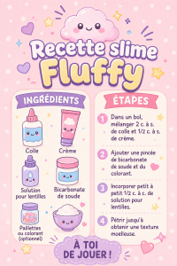 Photo d'un slime fluffy coloré, doux et aéré, en pot avec des ingrédients à proximité.