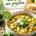 Soupe au pistou garnie de basilic frais dans un bol en céramique