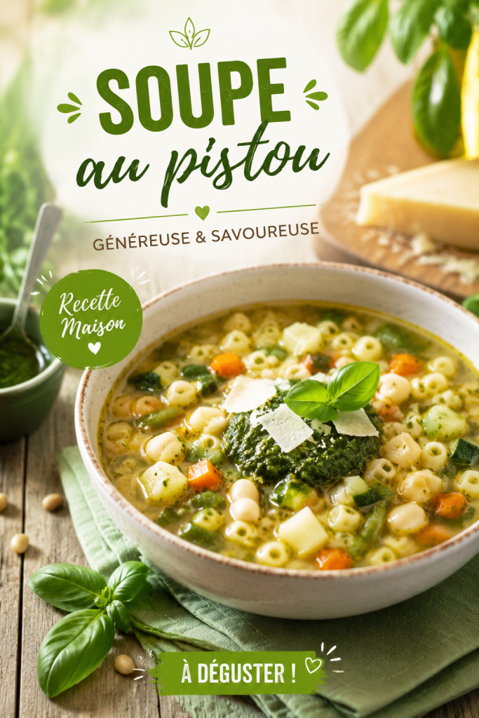 Soupe au pistou garnie de basilic frais dans un bol en céramique