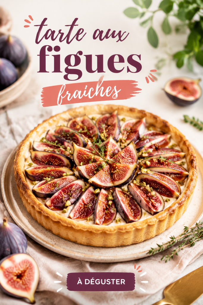 Tarte aux figues fraîches sortie du four, encore dorée, sur un plateau en bois.