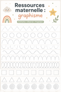 Un enfant en train d'explorer des ressources de graphisme en maternelle, entouré de crayons et de papiers colorés.