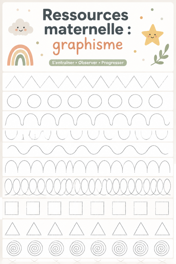 Un enfant en train d'explorer des ressources de graphisme en maternelle, entouré de crayons et de papiers colorés.
