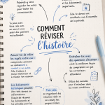 Un élève révisant l'histoire avec des livres et des fiches de révision.