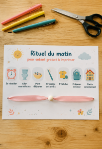 Un enfant souriant entouré d'un tableau de rituel matinal coloré.
