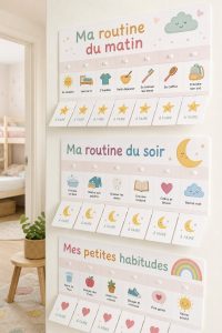 Tableau de routine matinale pour enfants avec des dessins colorés et des activités.