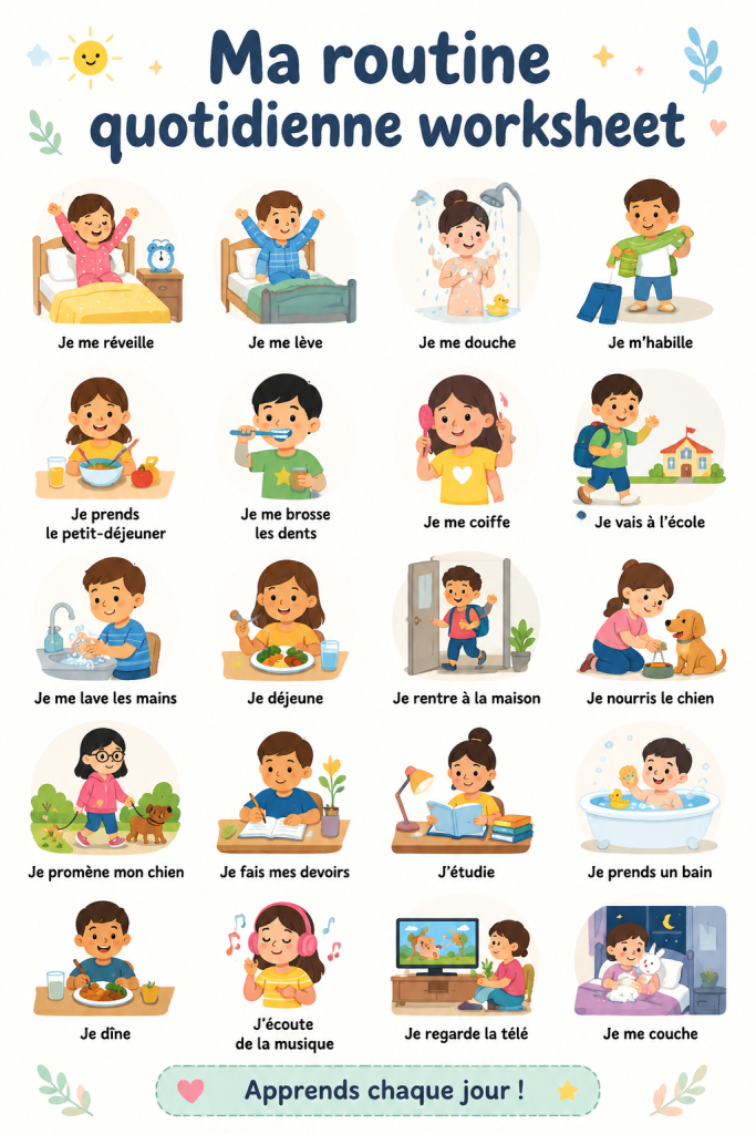 Maman et enfants en train de planifier leur routine quotidienne ensemble.