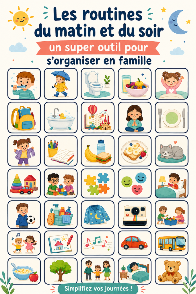 Une famille heureuse ensemble le matin, illustrant l'importance des routines familiales.