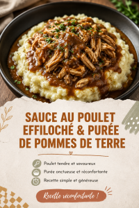 Sauce onctueuse au poulet effiloché sur un lit de purée de pommes de terre