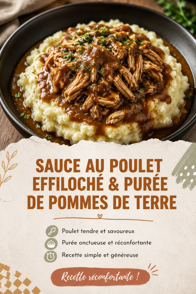 Sauce onctueuse au poulet effiloché sur un lit de purée de pommes de terre