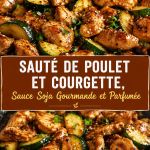 Sauté de poulet aux courgettes accompagné de sauce soja, prêt à être dégusté.