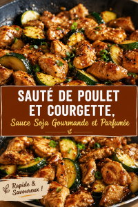 Sauté de poulet aux courgettes accompagné de sauce soja, prêt à être dégusté.