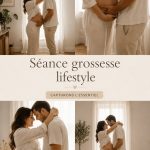 Femme enceinte en robe légère lors d'une séance photo grossesse en extérieur