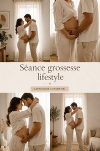 Femme enceinte en robe légère lors d'une séance photo grossesse en extérieur
