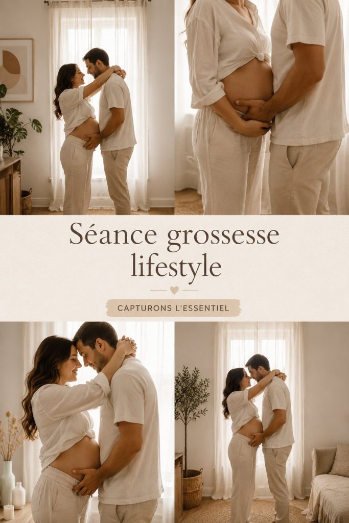 Femme enceinte en robe légère lors d'une séance photo grossesse en extérieur