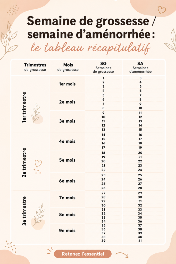Tableau récapitulatif illustrant les semaines de grossesse avec des descriptions adaptées aux mamans.