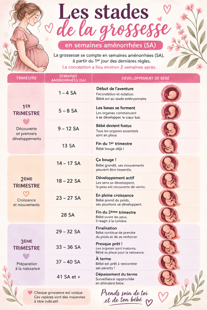 Les différentes étapes de la grossesse en semaines.