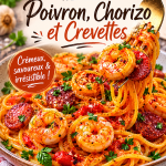 Assiette de spaghetti crémeux au poivron, chorizo et crevettes, garnie de parmesan