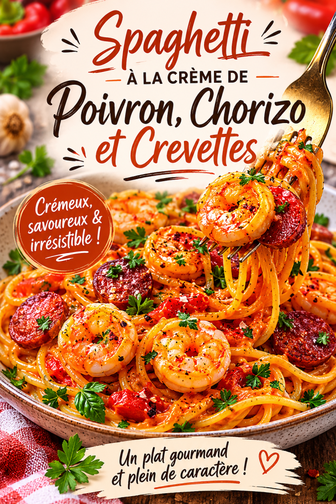 Assiette de spaghetti crémeux au poivron, chorizo et crevettes, garnie de parmesan