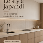 Cuisine moderne au style Japandi, avec des lignes épurées et des matériaux naturels.