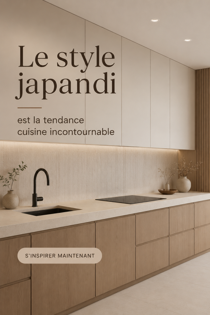 Cuisine moderne au style Japandi, avec des lignes épurées et des matériaux naturels.