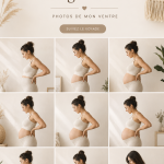 Femme enceinte souriante portant une robe élégante pour une séance photo de grossesse