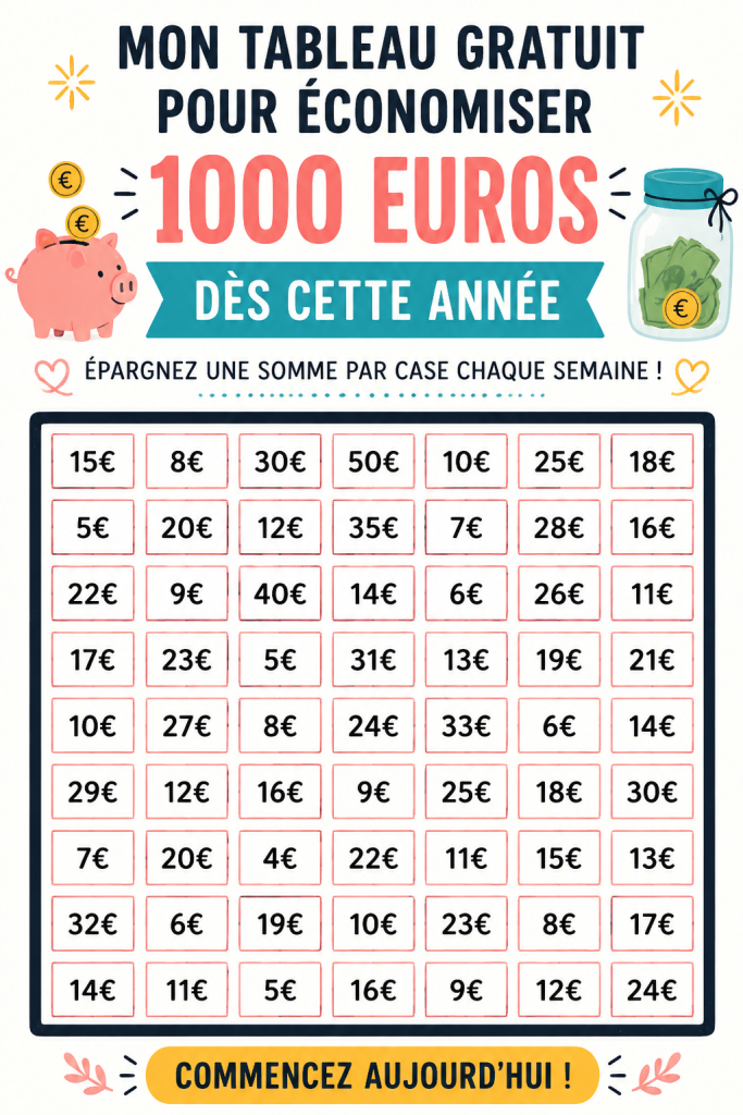 Tableau d'économies pour aider à gérer son budget et économiser 1000 euros.