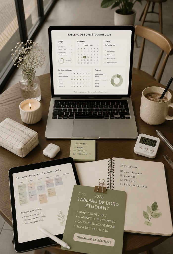 Tableau Notion étudiant pour l'organisation en 2026, avec différentes sections pour les tâches et les finances