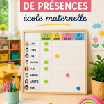 Tableau de présence coloré pour école maternelle avec des illustrations ludiques.