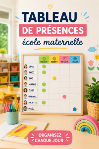 Tableau de présence coloré pour école maternelle avec des illustrations ludiques.