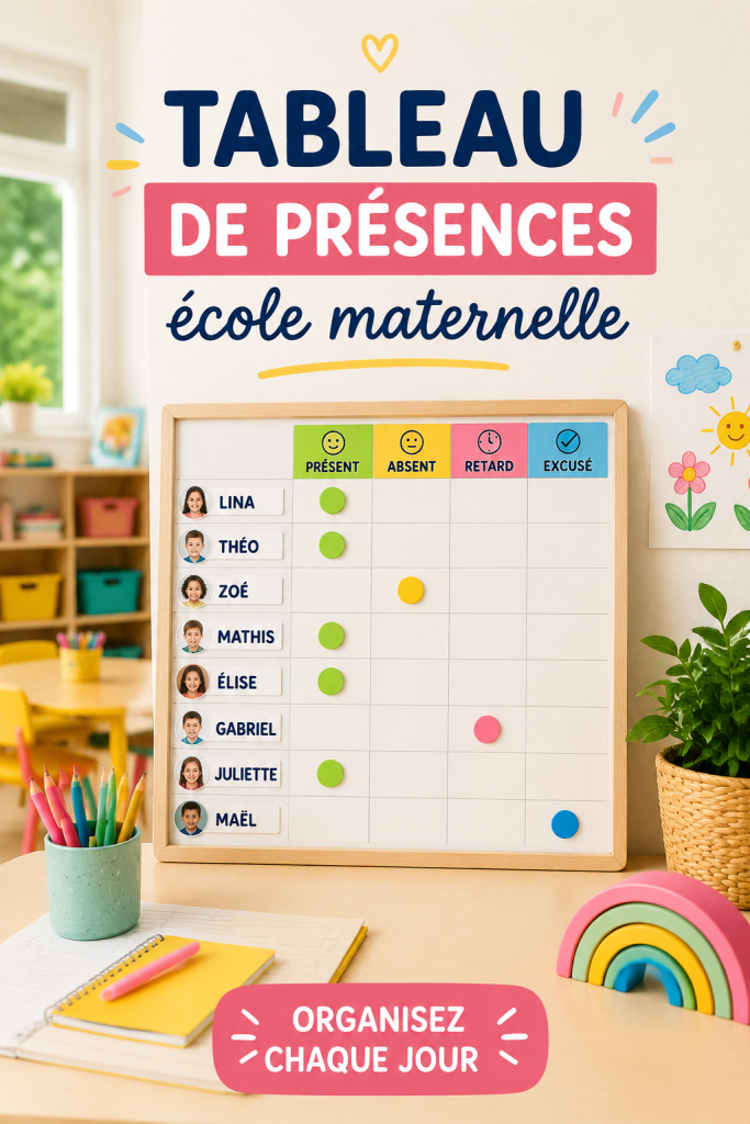 Tableau de présence coloré pour école maternelle avec des illustrations ludiques.