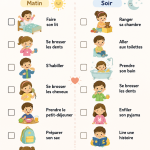 Un tableau de routine coloré pour enfants affiché dans une chambre